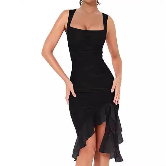 European And American U-collar Slim Mesh Splicing Sling Dress