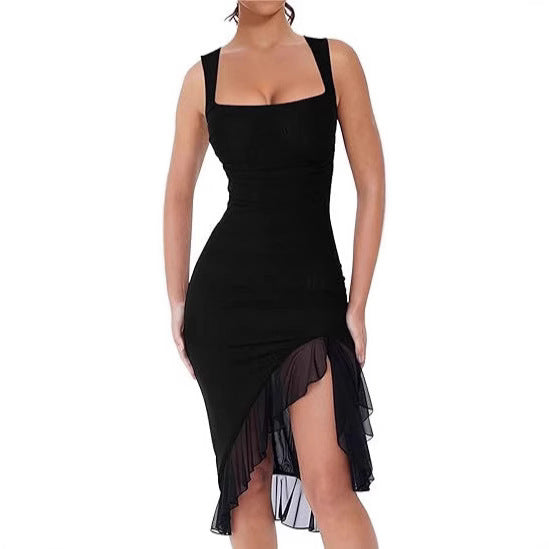 European And American U-collar Slim Mesh Splicing Sling Dress