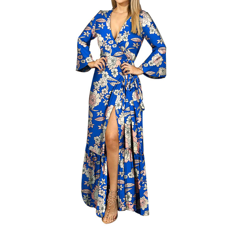 Long Sleeve Tie V-Neck Printed Dress