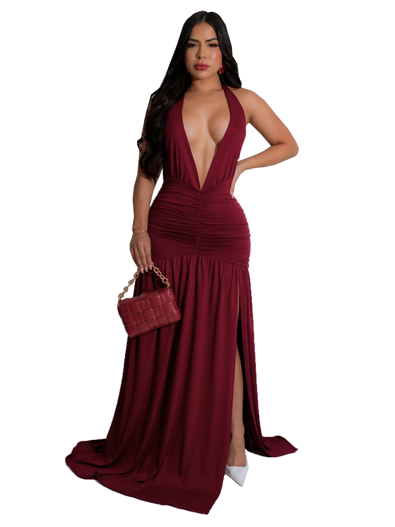 European And American Elegant Halter V-neck Dress Sexy Slit Pleated Backless Dress