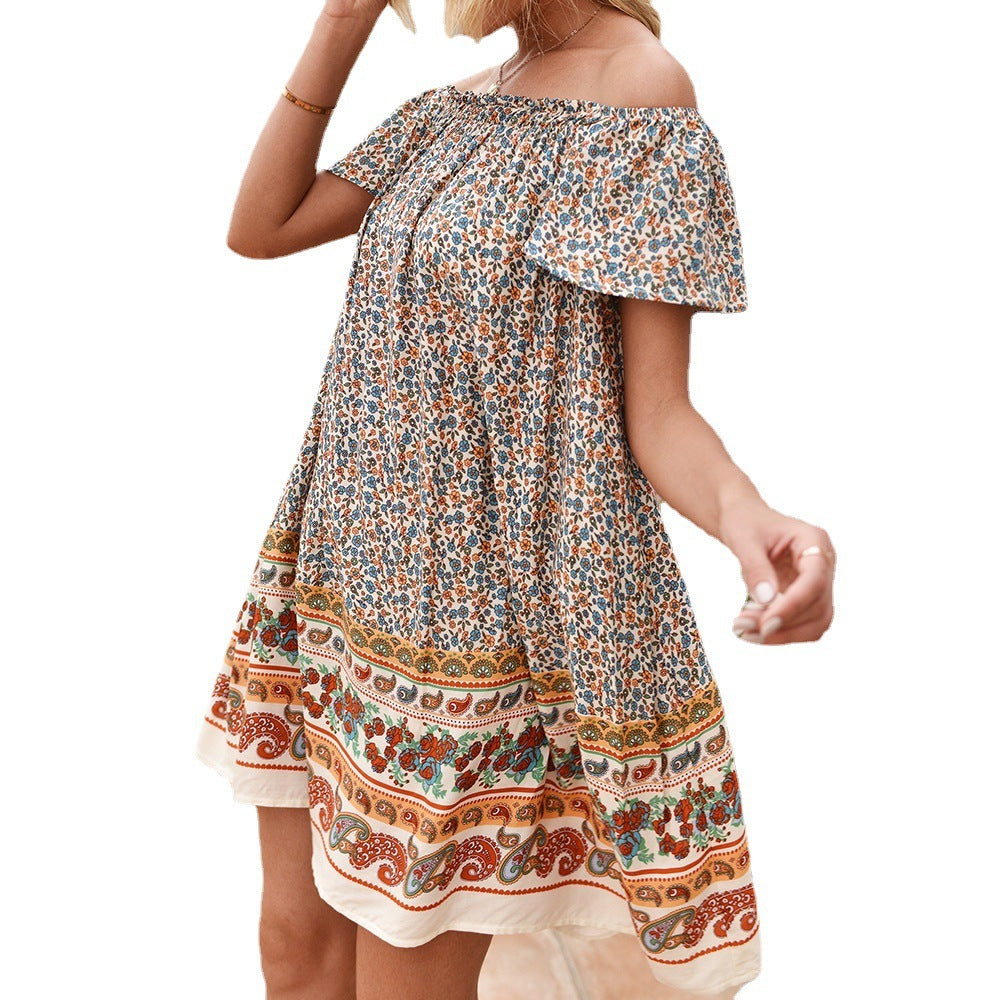 Bohemian Resort Style One-Neck Short Sleeve Floral Dress Women