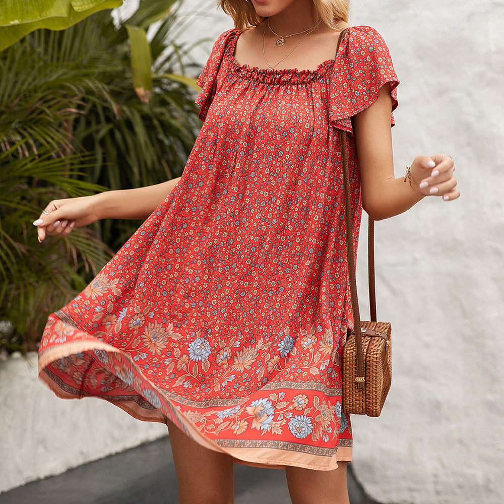 Bohemian Resort Style One-Neck Short Sleeve Floral Dress Women