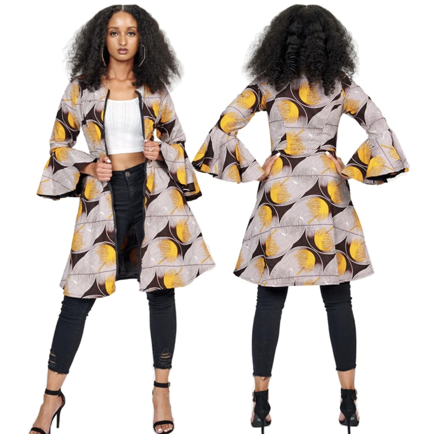 African Ethnic Print Flared Sleeve Midi Dress