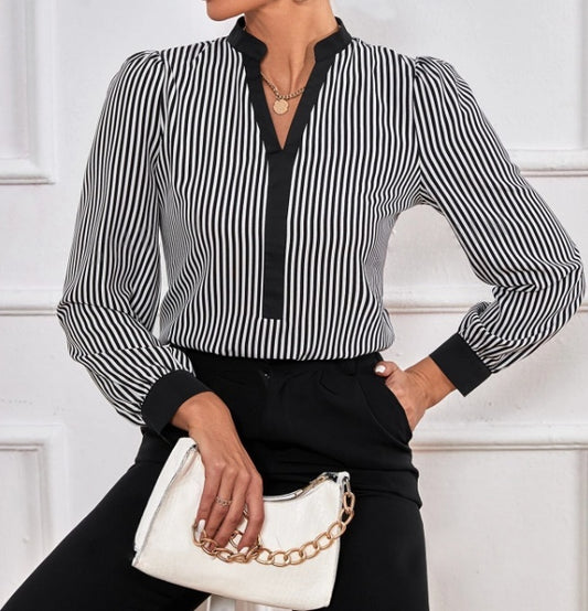 Ladies' New Striped V-neck Cuff Collar Color Block Splicing Fashion Shirt